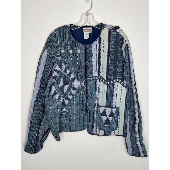 Coldwater Creek Women's Jacket Size XL Crochet Denim Boho Indigo Patchwork Y2K - Picture 1 of 15